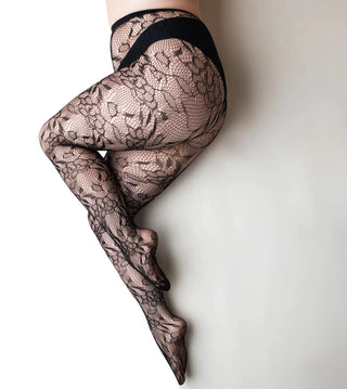 Black Flower Pattern Fishnet Pantyhose with Stretch Waistband