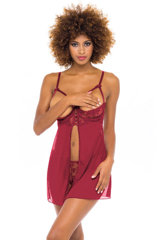 Kira Open Cup Red Mesh Set Babydoll with Bow & Lace Details
