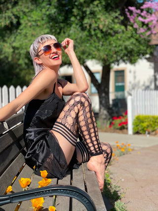 JO Footless  Black Textured Circle Fishnet Stocking with No-Slip Stay-Up Tops
