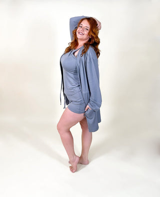 Cloudy Day 3-Piece Lounge Set Soft Tank, Shorts & Robe in Stormy Grey