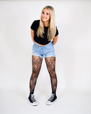 Black Flower Pattern Fishnet Pantyhose with Stretch Waistband