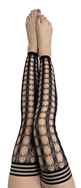 JO Footless  Black Textured Circle Fishnet Stocking with No-Slip Stay-Up Tops