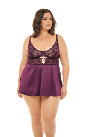 Charlotte Purple A-Line Sheer Floral Lace Babydoll Dress with Supportive Underwire Cups