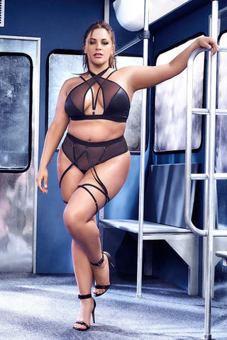 Fierce Instinct Lingerie Set Sheer & Wet-Look Halter Crop Top and High Waist Panty with Strappy Detail