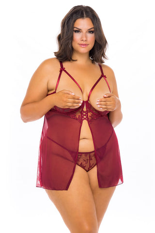 Kira Open Cup Red Mesh Set Babydoll with Bow & Lace Details