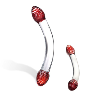 Curved Spiraled Red Glass Double-Ended Dildo with Bulbed Tips