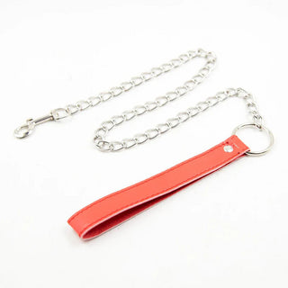 Silver Metal Chain Leash with Red Vegan Leather Handle