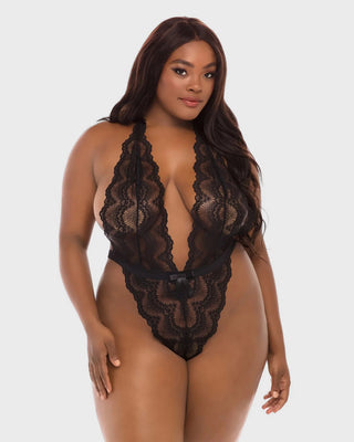 Alessa Plunge Bodysuit Adjustable Tie-Neck Lingerie with Cheeky High-Cut Back