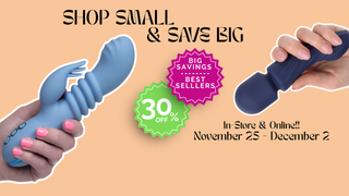 Promotional graphic with blue handheld massagers, sale text, and 'Shop Small & Save Big' slogan on a beige background.