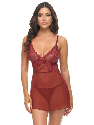 SHEER MAROON AVERY LACE & STRAPS DETAIL CHEMISE