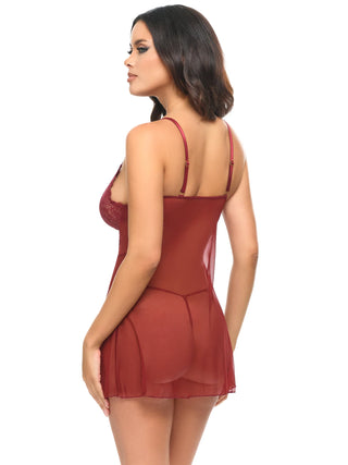 SHEER MAROON AVERY LACE & STRAPS DETAIL CHEMISE