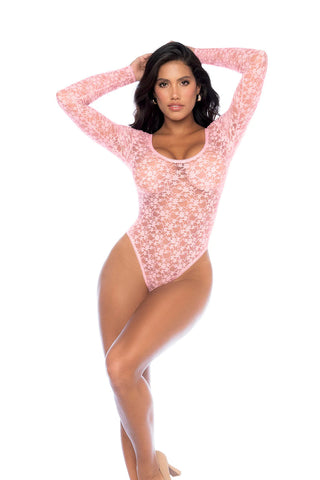 PINK DELICATE FLORAL LACE BODYSUIT WITH A SCOOP NECK BACK